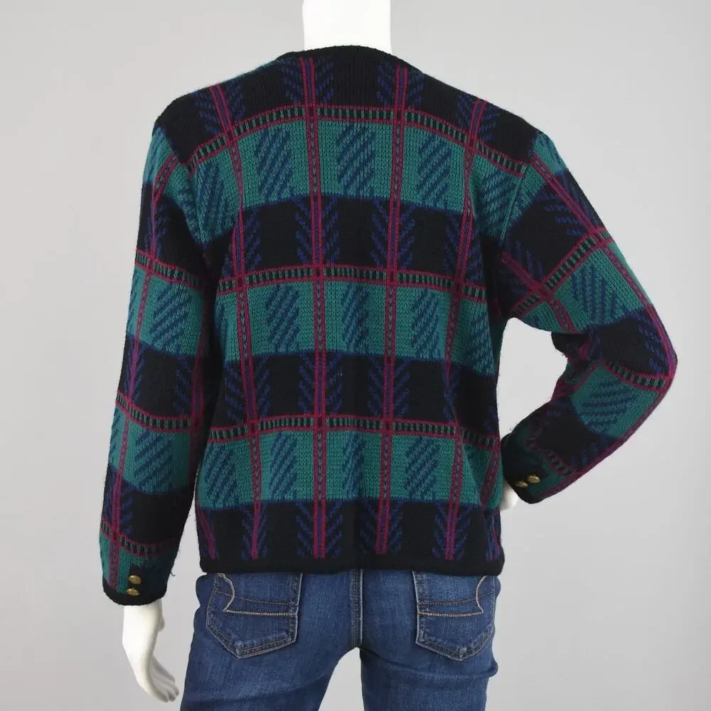 Tally-Ho Vintage 80s Plaid Cardigan, Black & Green, Women's Medium - Picture 8 of 10